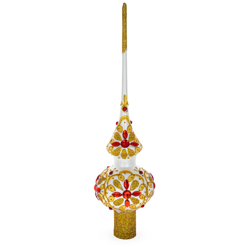 Red Jeweled Stars on Gold Pattern on White Mouth Blown Glass Christmas Tree Topper 11 Inches in White color Triangle