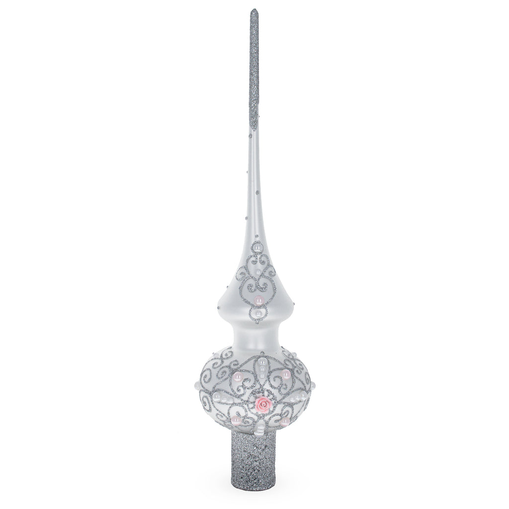 Dimensional Pink Roses and Pearls on Silver Mouth Blown Glass Christmas Tree Topper 11 Inches in Silver color Triangle