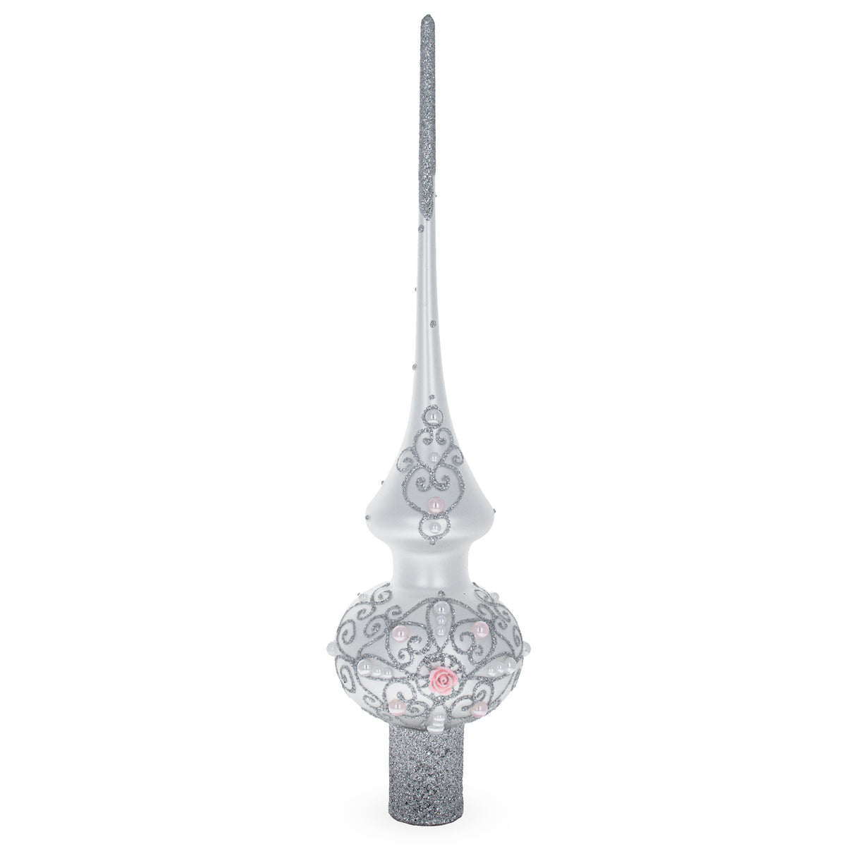 Dimensional Pink Roses and Pearls on Silver Artisan Hand Crafted Mouth Blown Glass Christmas Tree Topper 11 Inches in Silver color, Triangle shape