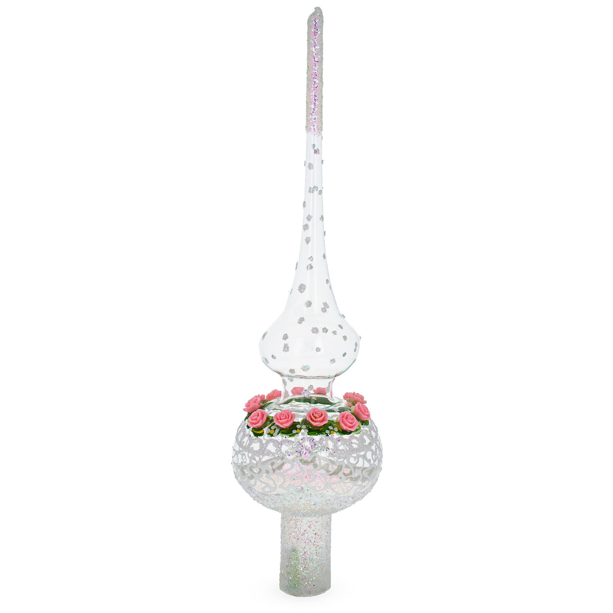Dimensional Pink Roses on Silver Swirls and Clear Artisan Hand Crafted Mouth Blown Glass Christmas Tree Topper 11 Inches in Clear color, Triangle shape