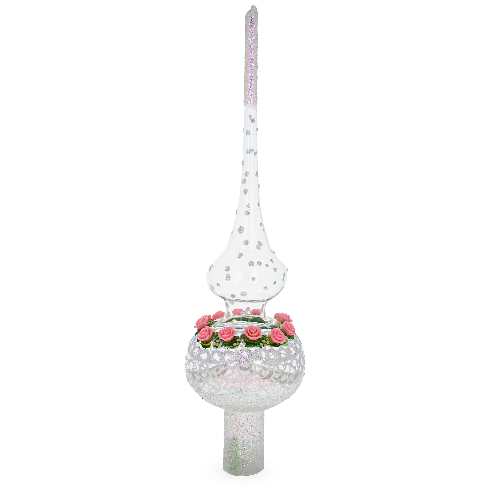 Dimensional Pink Roses on Silver Swirls and Clear Blown Glass Christmas Tree Topper 11 Inches in Clear color Triangle