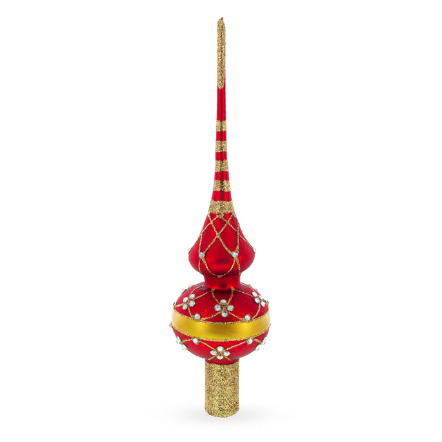 Dimensional White Diamond Trellis on Red Mouth Blown Glass Christmas Tree Topper 11 Inches in Red color Triangle