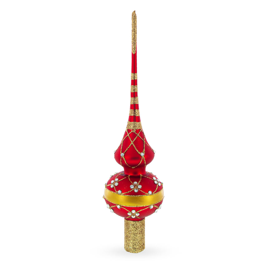 Dimensional White Diamond Trellis on Red Mouth Blown Glass Christmas Tree Topper 11 Inches in Red color Triangle