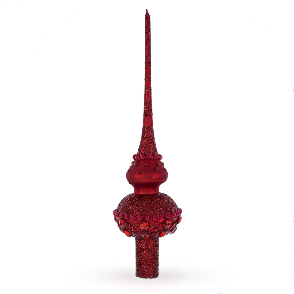 Dimensional Red Jewels Chandelier on Red Glass Christmas Tree Topper 11 Inches in Red color Triangle