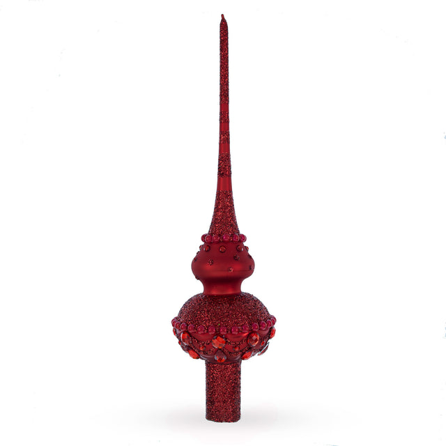 Dimensional Red Jewels Chandelier on Red Mouth Blown Glass Christmas Tree Topper 11 Inches in Red color Triangle