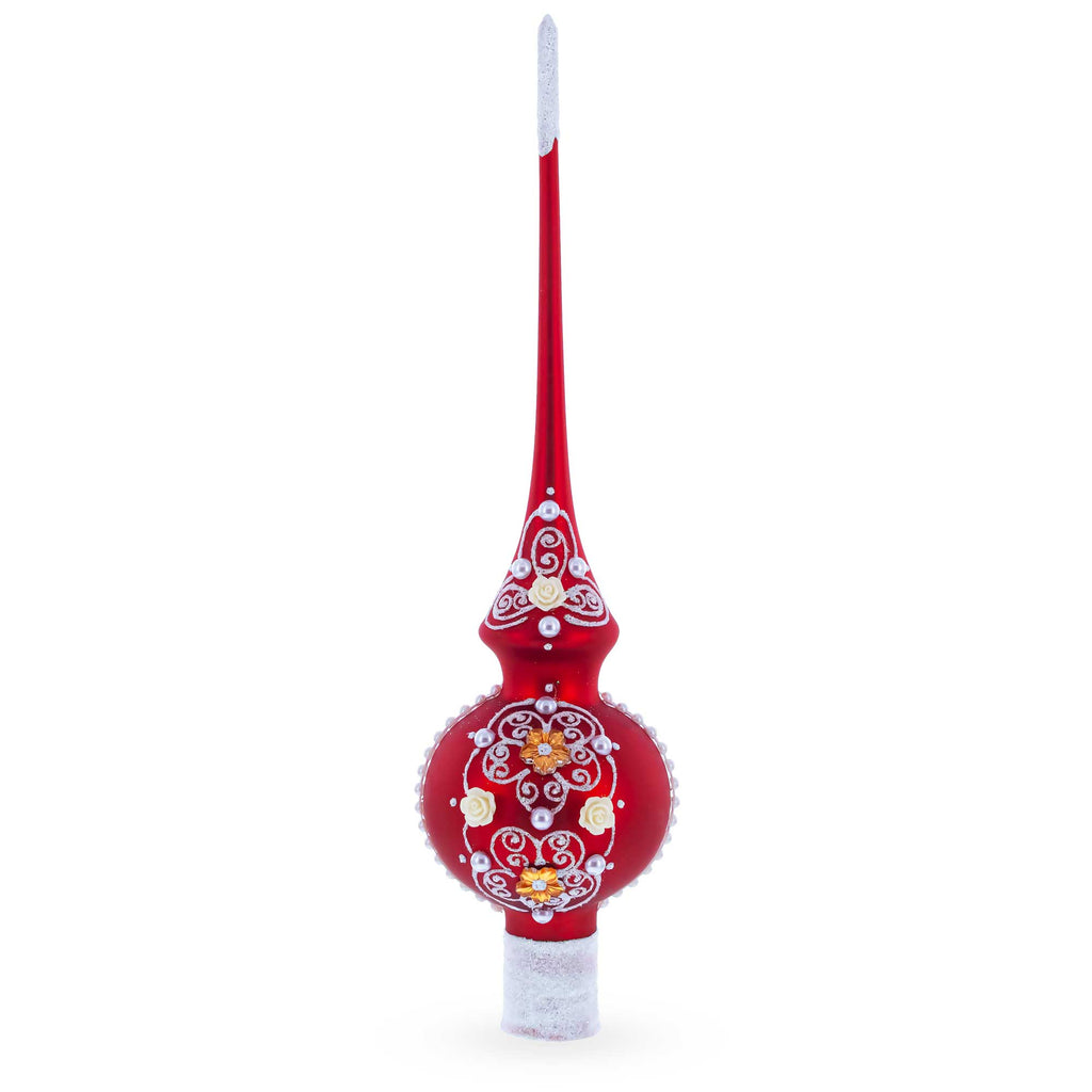 Golden Flowers and Silver Swirls on Red Glass Christmas Tree Topper 11 Inches in Red color Triangle