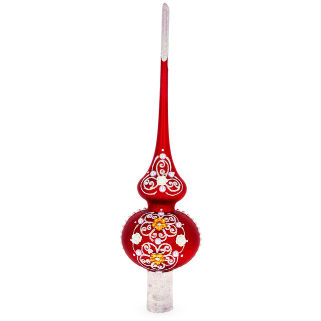 Dimensional Golden Flowers and Silver Swirls on Red Artisan Hand Crafted Mouth Blown Glass Christmas Tree Topper 11 Inches in Red color, Triangle shape