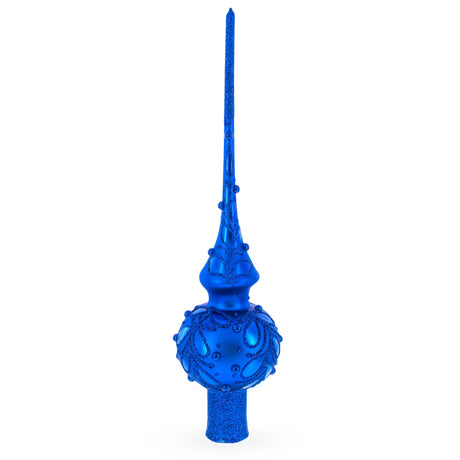 Dimensional Blue Jewels Scroll on Blue Mouth Blown Glass Christmas Tree Topper 11 Inches in Blue color Triangle