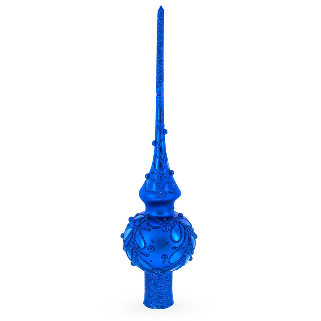Dimensional Blue Jewels Scroll on Blue Mouth Blown Glass Christmas Tree Topper 11 Inches in Blue color Triangle