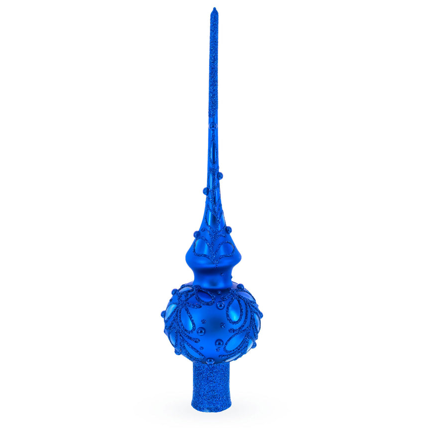 Dimensional Blue Jewels Scroll on Blue Mouth Blown Glass Christmas Tree Topper 11 Inches in Blue color Triangle