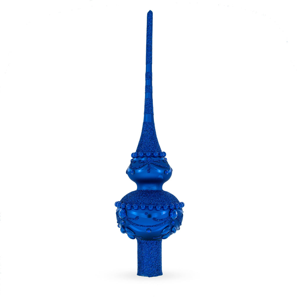 Dimensional Blue Jewels Chandelier on Red Glass Christmas Tree Topper 11 Inches in Blue color Triangle