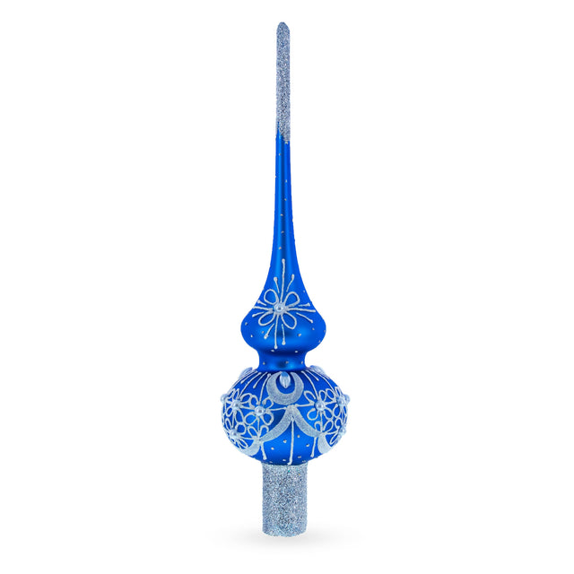 Dimensional White Pearls on Blue Artisan Hand Crafted Mouth Blown Glass Christmas Tree Topper 11 Inches in Blue color, Triangle shape