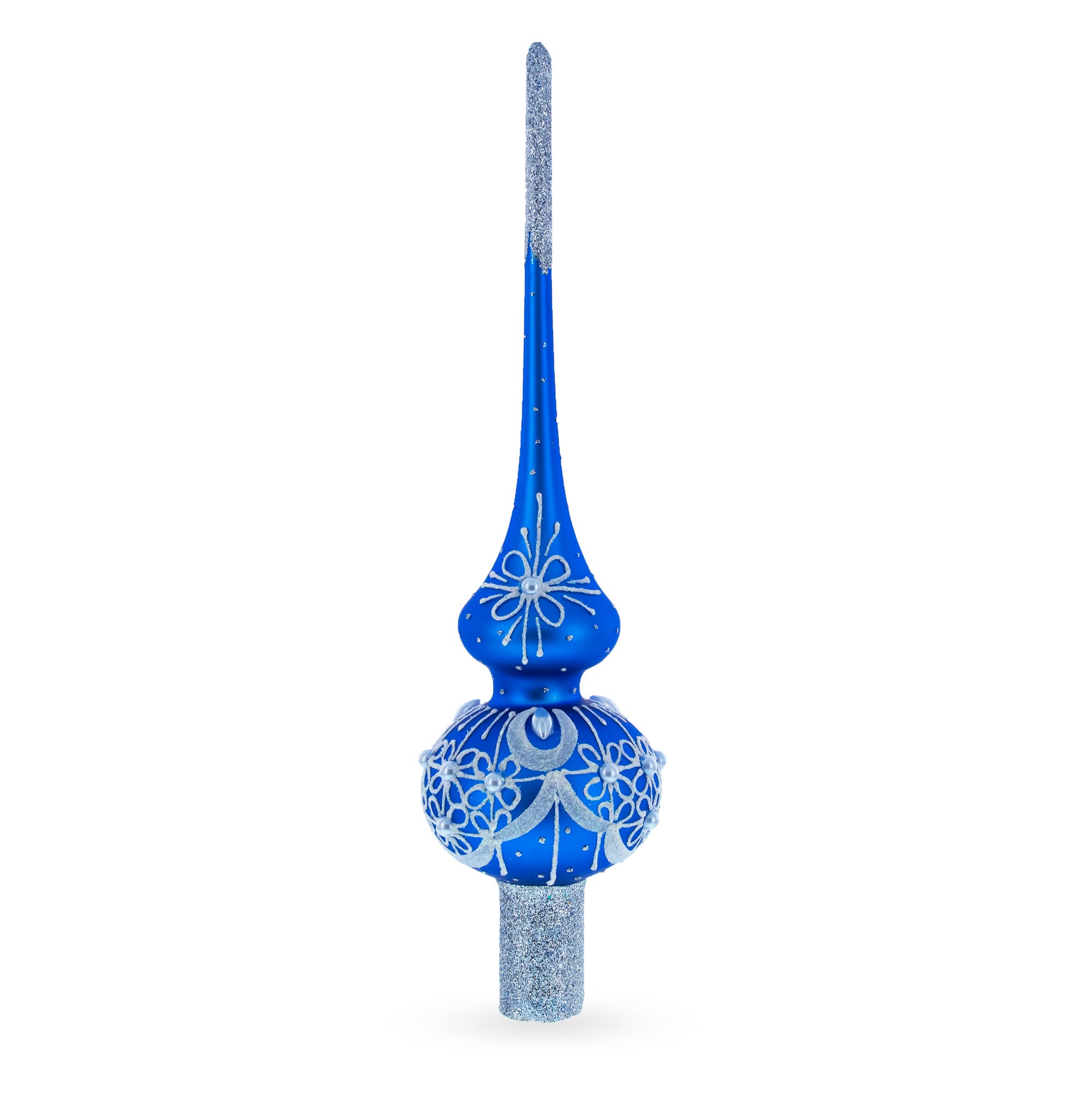 Dimensional White Pearls on Blue Mouth Blown Glass Christmas Tree Topper 11 Inches in Blue color Triangle