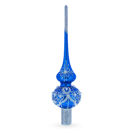 Dimensional White Pearls on Blue Mouth Blown Glass Christmas Tree Topper 11 Inches in Blue color Triangle