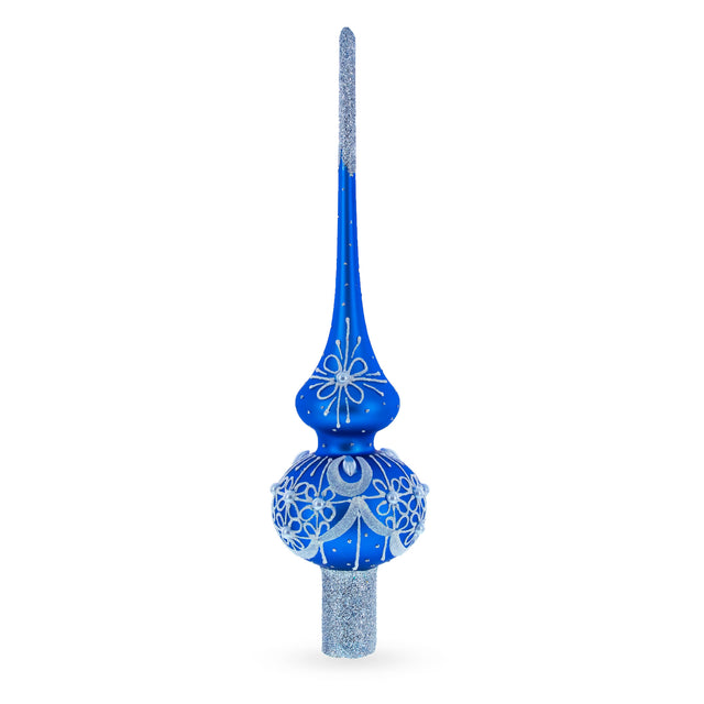 Dimensional White Pearls on Blue Mouth Blown Glass Christmas Tree Topper 11 Inches in Blue color Triangle