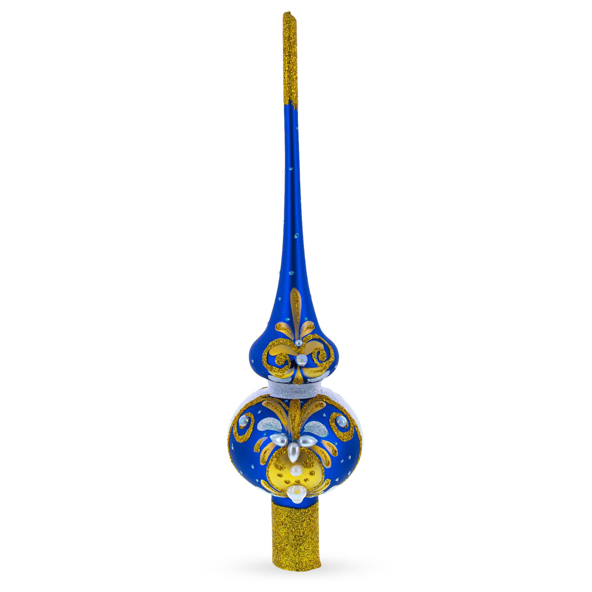 White Pearls with Golden Leaves on Blue Glass Christmas Tree Topper 11 Inches in Blue color Triangle