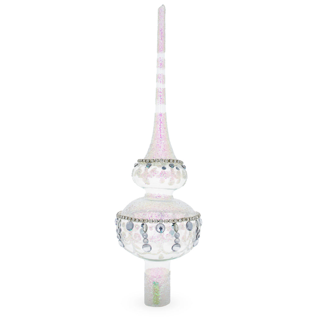 Jewel Drops on White Chandelier Clear Glass Christmas Tree Topper 11 Inches in Clear color Triangle