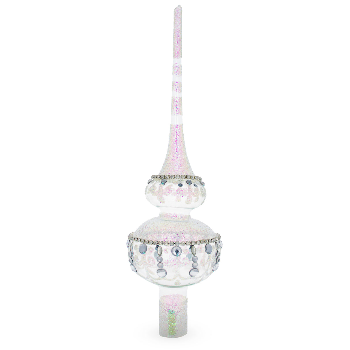 Dimensional Jewel Drops on White Chandelier Clear Artisan Hand Crafted Mouth Blown Glass Christmas Tree Topper 11 Inches in Clear color, Triangle shape