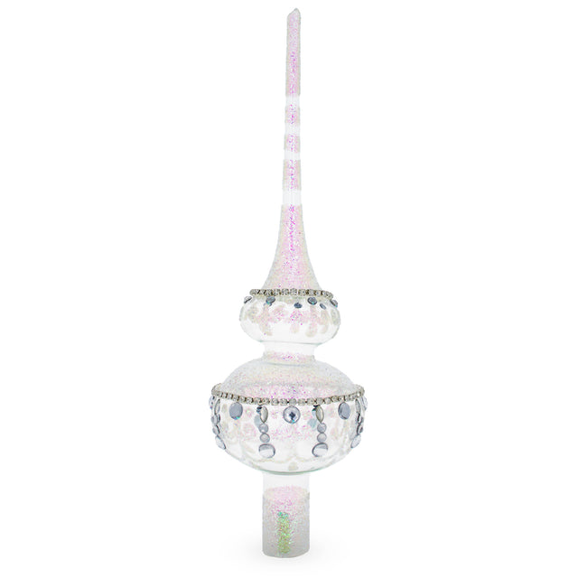 Dimensional Jewel Drops on White Chandelier Clear Blown Glass Christmas Tree Topper 11 Inches in Clear color Triangle
