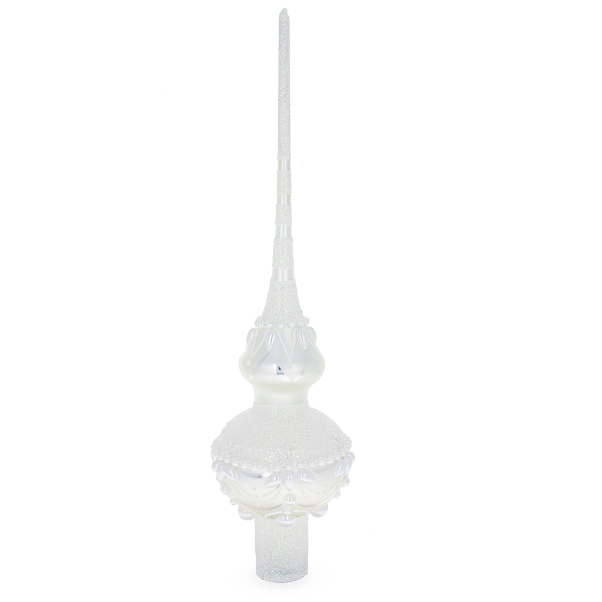 Dimensional Pearl Drops on White Chandelier Clear Artisan Hand Crafted Mouth Blown Glass Christmas Tree Topper 11 Inches in White color, Triangle shape