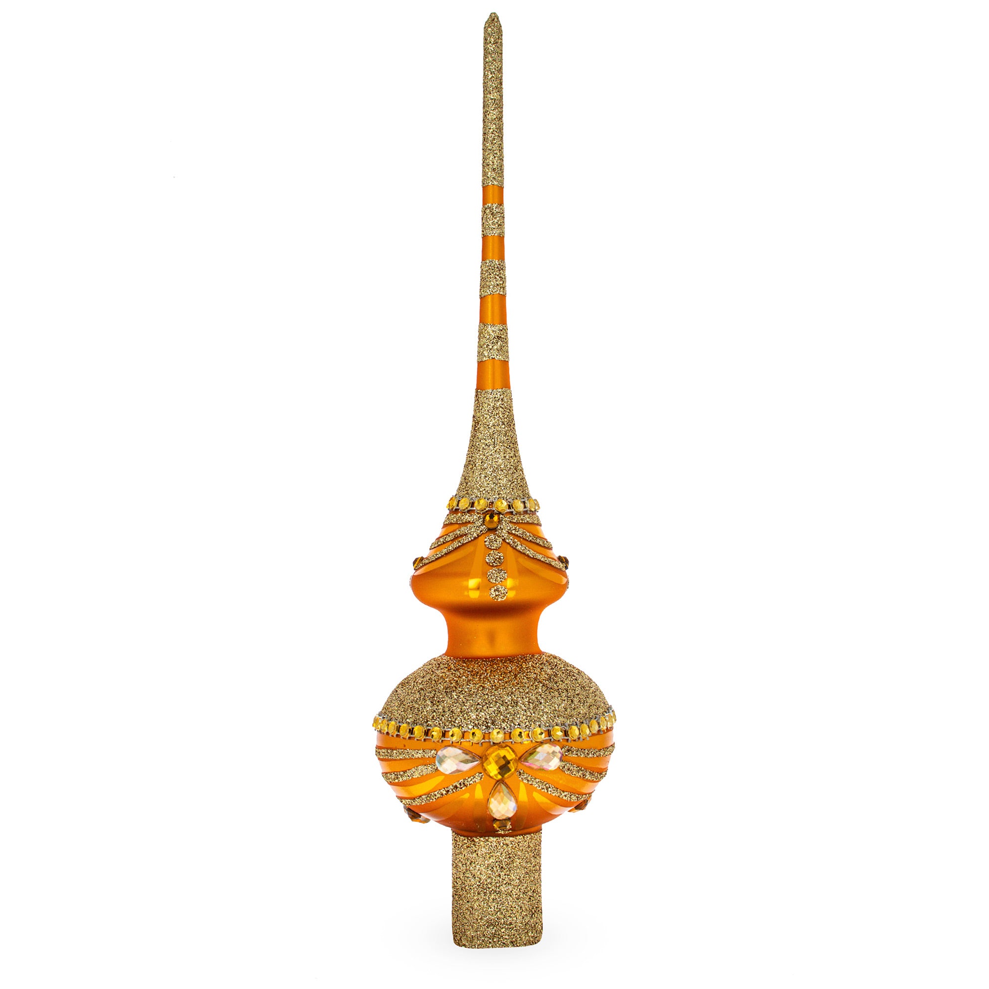 White and Golden Jewels on Sparkling Orange Glass Christmas Tree Topper 11 Inches in Gold color Triangle