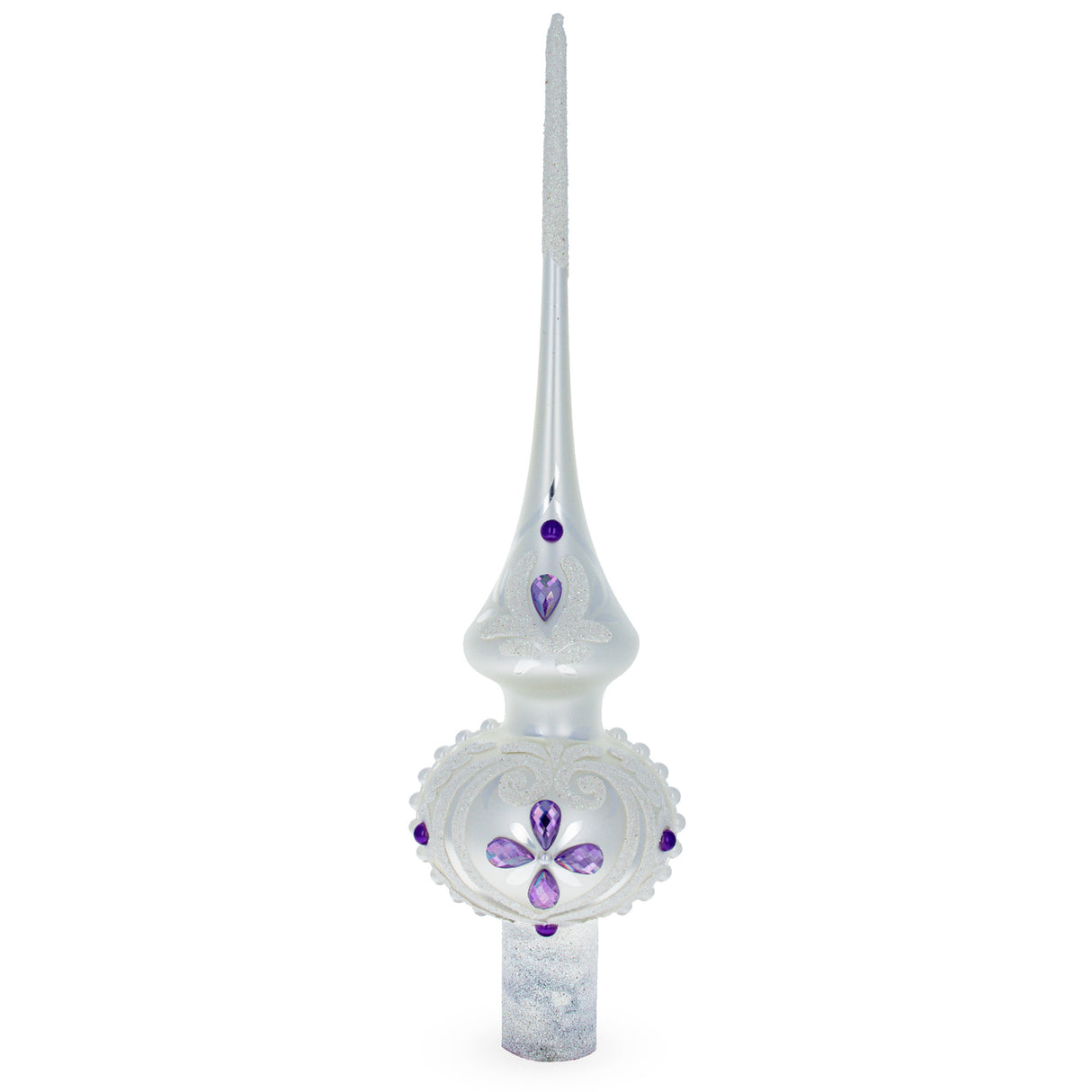 Glass Dimensional Purple Jewel Stars and Pearls on White Artisan Hand Crafted Mouth Blown Glass Christmas Tree Topper 11 Inches in White color Triangle