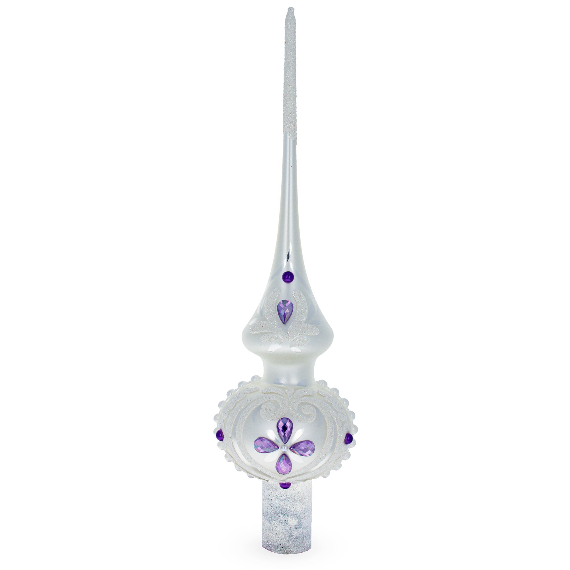 Purple Jewel Stars and Pearls on White Glass Christmas Tree Topper 11 Inches in White color Triangle