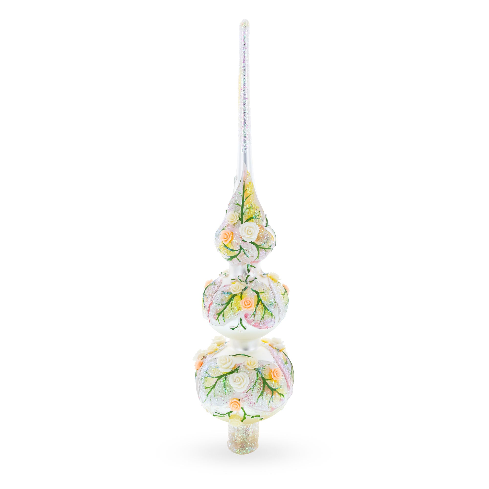 Dimensional Pink and White Roses Bouquet on Double Ball Blown Glass Christmas Tree Topper 12.5 Inches in Beige color Triangle