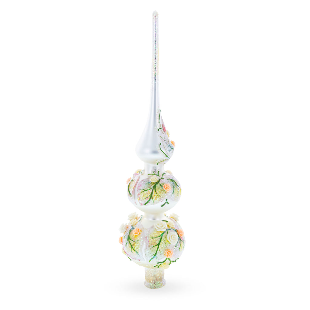 Dimensional Pink and White Roses Bouquet on Double Ball Blown Glass Christmas Tree Topper 12.5 InchesUkraine , dimensions in inches: 12.5 x 2.75 x 2.75