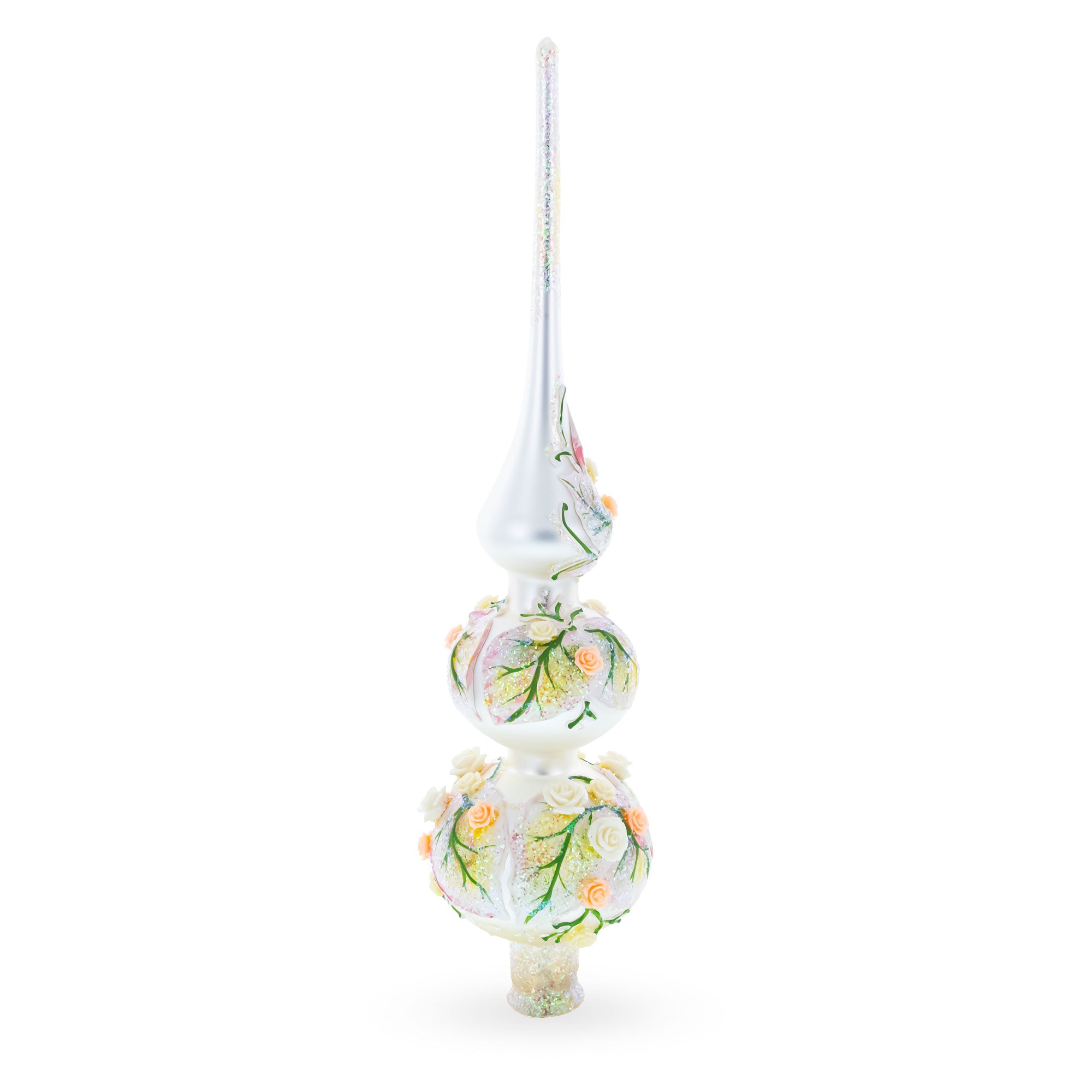 Dimensional Pink and White Roses Bouquet on Double Ball Blown Glass Christmas Tree Topper 12.5 InchesUkraine , dimensions in inches: 12.5 x 2.75 x 2.75