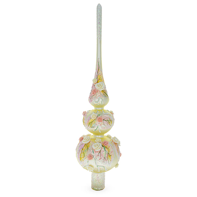Glass Dimensional Pink and White Roses Bouquet on Double Ball White Artisan Hand Crafted Mouth Blown Glass Christmas Tree Topper 12.5 Inches in Beige color Triangle