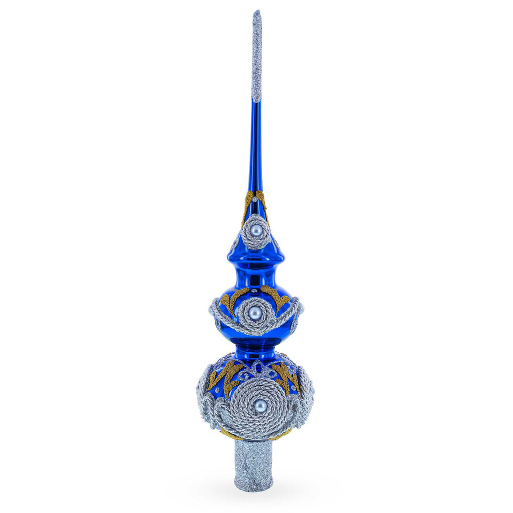 Pearls and Twisted Rope on Double Ball Blue Glass Christmas Tree Topper 12.5 Inches in Blue color Triangle