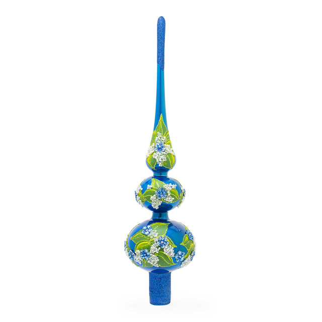 Blue Flowers on Glossy Blue Artisan Hand Crafted Mouth Blown Glass Christmas Tree Topper 12.5 Inches in Blue color, Triangle shape