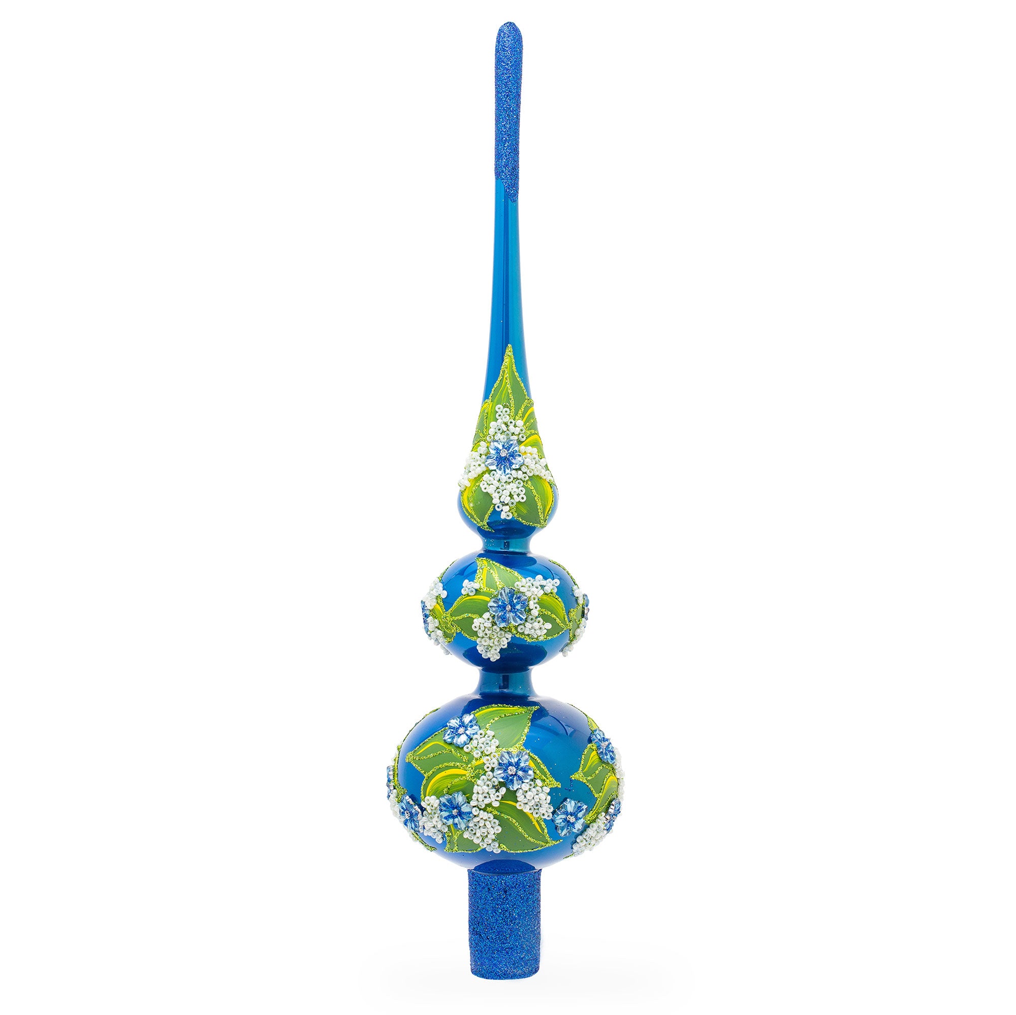 Blue Flowers on Glossy Blue Mouth Glass Christmas Tree Topper 12.5 Inches in Blue color Triangle