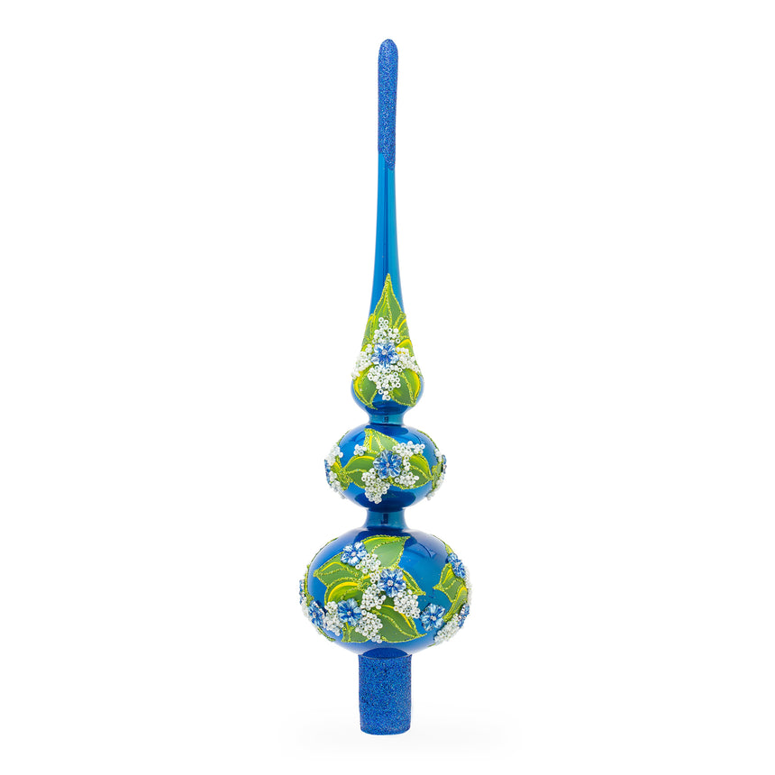 Blue Flowers on Glossy Blue Mouth Glass Christmas Tree Topper 12.5 Inches in  color Triangle