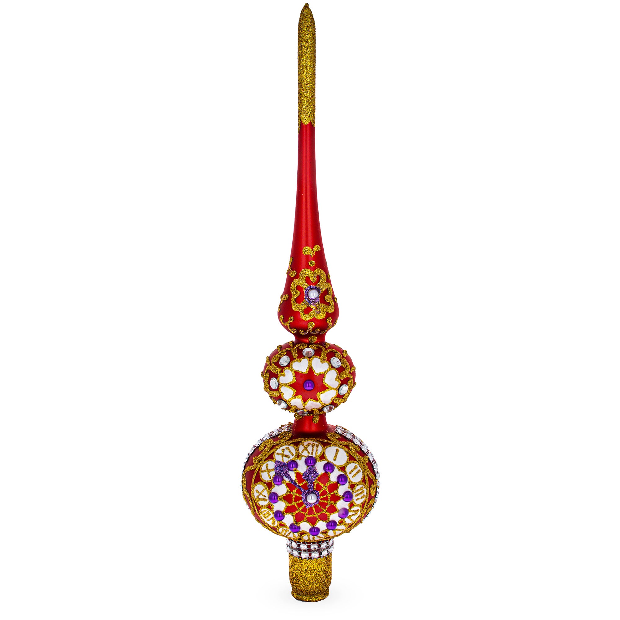 Embossed Clock on Glittered Double Ball Red Glass Christmas Tree Topper 12.5 Inches in Red color Triangle