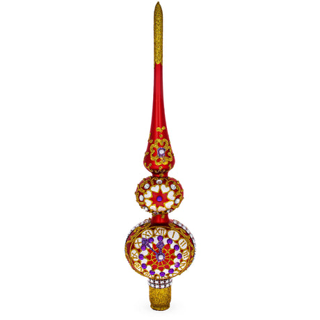 Embossed Clock on Glittered Double Ball Red Glass Christmas Tree Topper 12.5 Inches in Red color Triangle