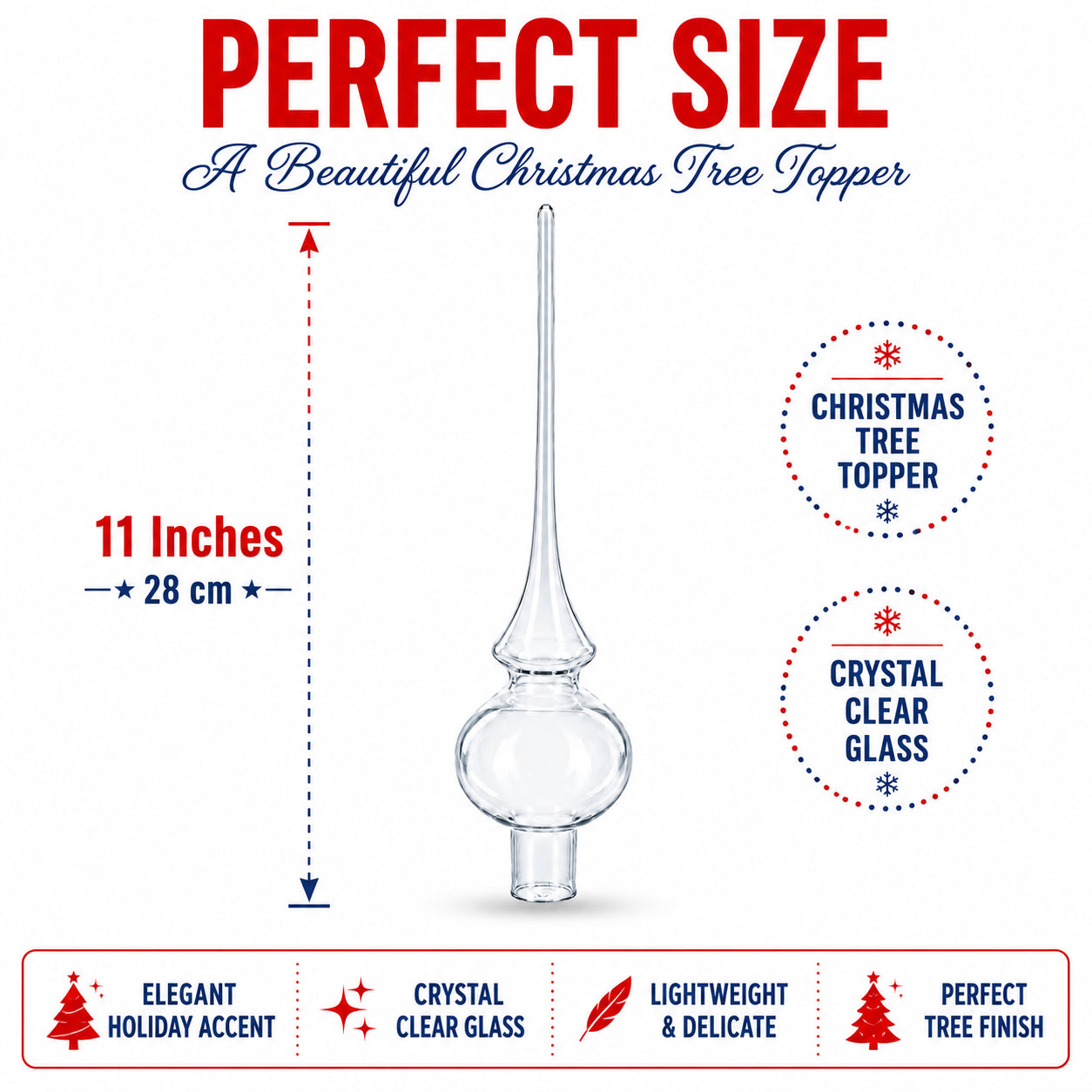 Clear Mouth-Blown Finial Glass Christmas Tree Topper 11 InchesUkraine , dimensions in inches: 11 x 2.75 x 2.75