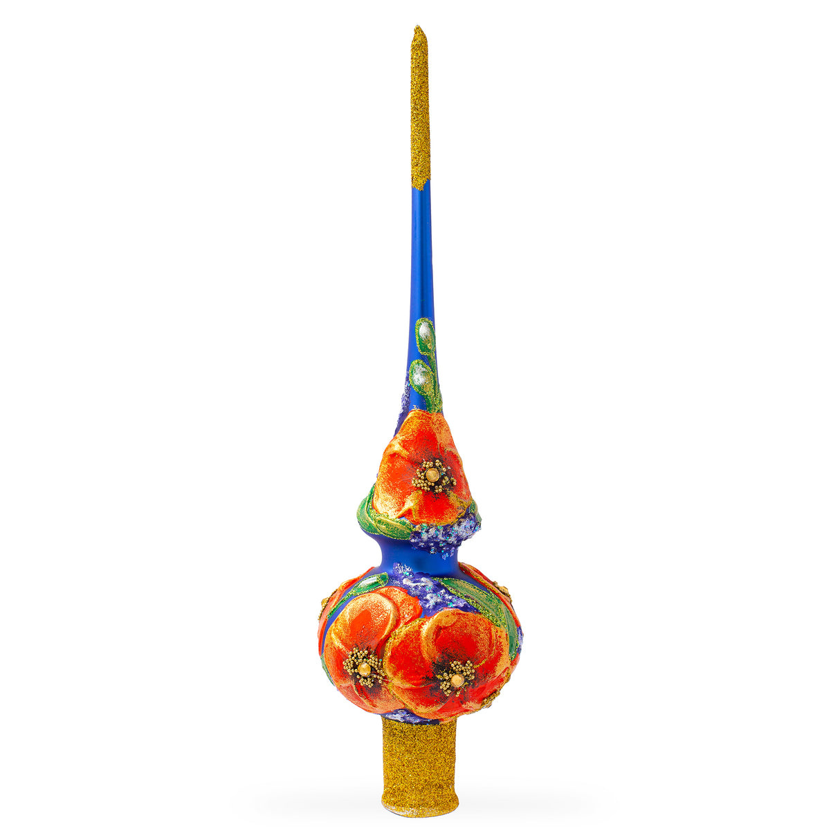 Poppy Flowers on Blue Artisan Hand Crafted Mouth Blown Glass Christmas Tree Topper 11 Inches in Blue color, Triangle shape