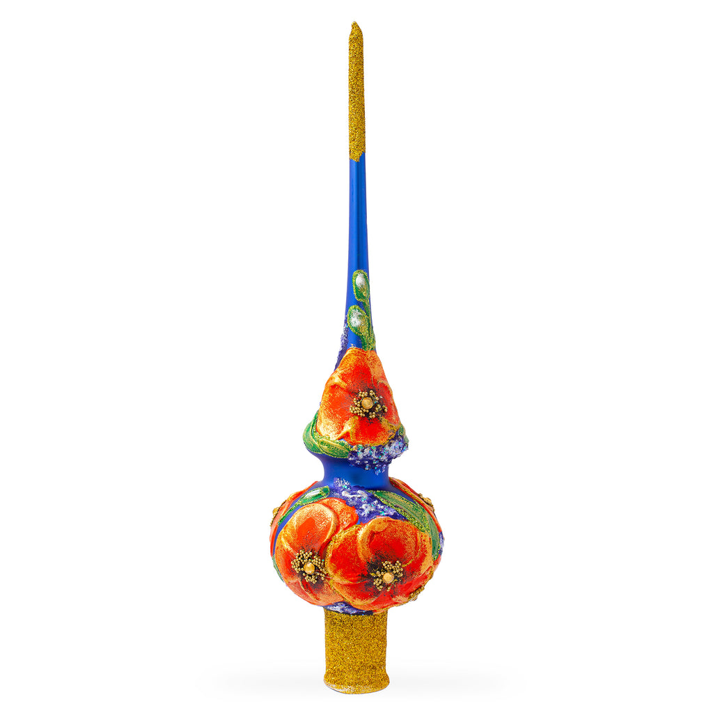 Poppy Flowers on Blue Mouth Blown Glass Christmas Tree Topper 11 Inches in Blue color Triangle