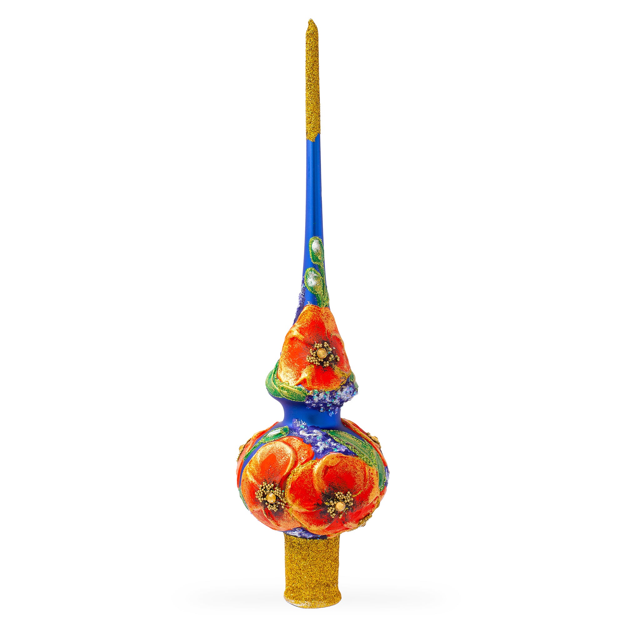 Poppy Flowers on Blue Mouth Blown Glass Christmas Tree Topper 11 Inches in Blue color Triangle