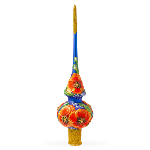 Poppy Flowers on Blue Artisan Hand Crafted Mouth Blown Glass Christmas Tree Topper 11 Inches by BestPysanky