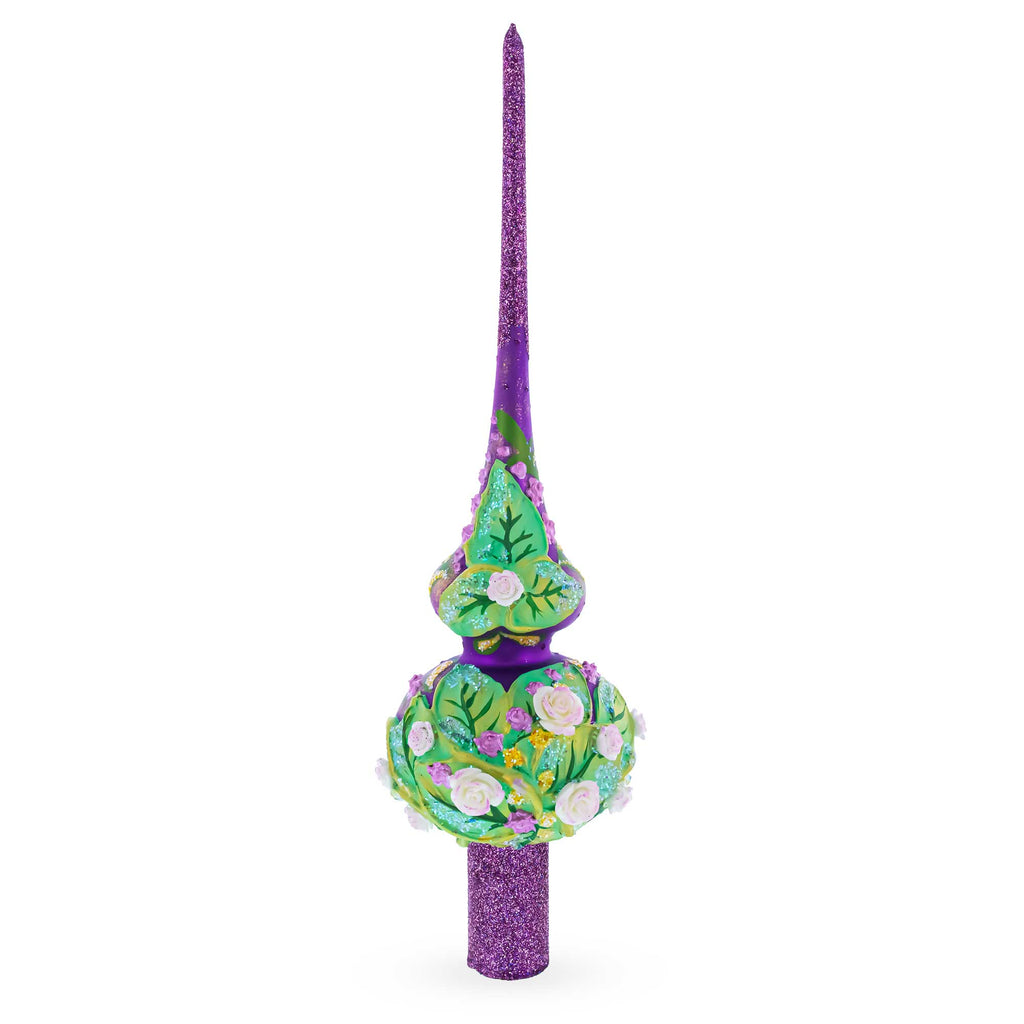 Dimensional Pink Roses on PurpleGlass Christmas Tree Topper 11 Inches in Purple color Triangle