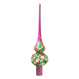 Dimensional Pink Roses on Purple Mouth Blown Glass Christmas Tree Topper 11 Inches in Purple color Triangle