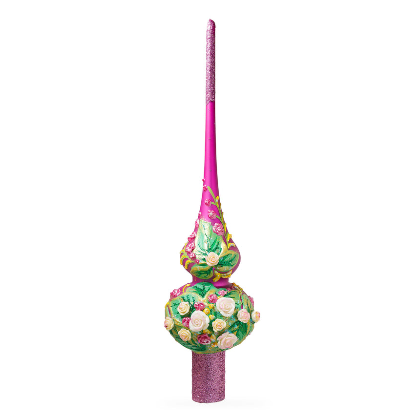 Dimensional Pink Roses on Purple Mouth Blown Glass Christmas Tree Topper 11 Inches in Purple color Triangle