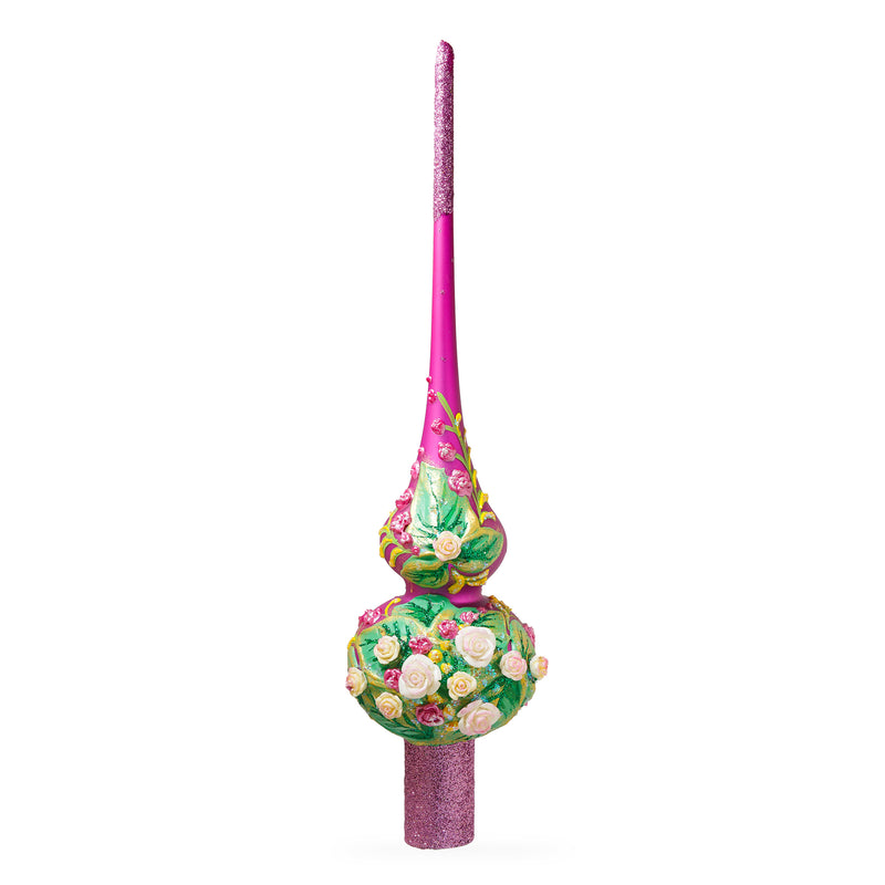 Dimensional Pink Roses on Purple Artisan Hand Crafted Mouth Blown Glass Christmas Tree Topper 11 Inches in Purple color, Triangle shape