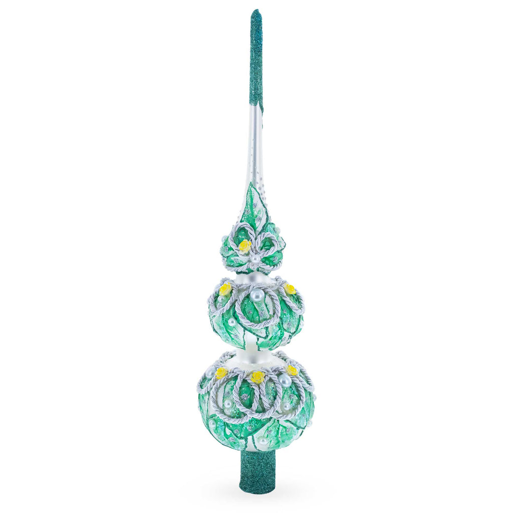 Dimensional Rope and Leaves on White Glass Christmas Tree Topper 12.5 Inches in Green color Triangle
