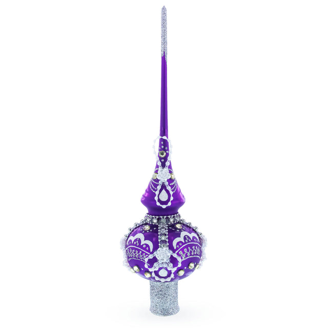 Dimensional White Roses on Purple Blown Glass Christmas Tree Topper 11 Inches in Purple color Triangle