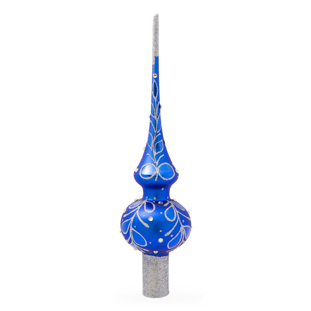 Glass Blue Paisley Artisan Hand Crafted Mouth Blown Glass Christmas Tree Topper 11 Inches in Blue color Triangle