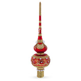 Dimensional Roses and Pearls on Golden Scroll Mouth Blown Glass Christmas Tree Topper 11 Inches in Red color Triangle